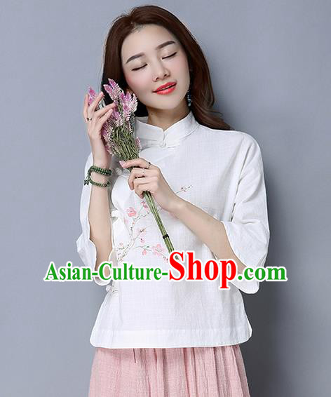 Traditional Chinese National Costume, Elegant Hanfu Painting Peach blossom Flowers Slant Opening White T-Shirt, China Tang Suit Republic of China Plated Buttons Chirpaur Stand Collar Blouse Cheong-sam Upper Outer Garment Qipao Shirts Clothing for Women