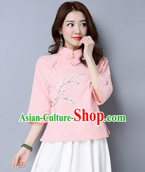 Traditional Chinese National Costume, Elegant Hanfu Painting Peach blossom Flowers Slant Opening Pink T-Shirt, China Tang Suit Republic of China Plated Buttons Chirpaur Stand Collar Blouse Cheong-sam Upper Outer Garment Qipao Shirts Clothing for Women