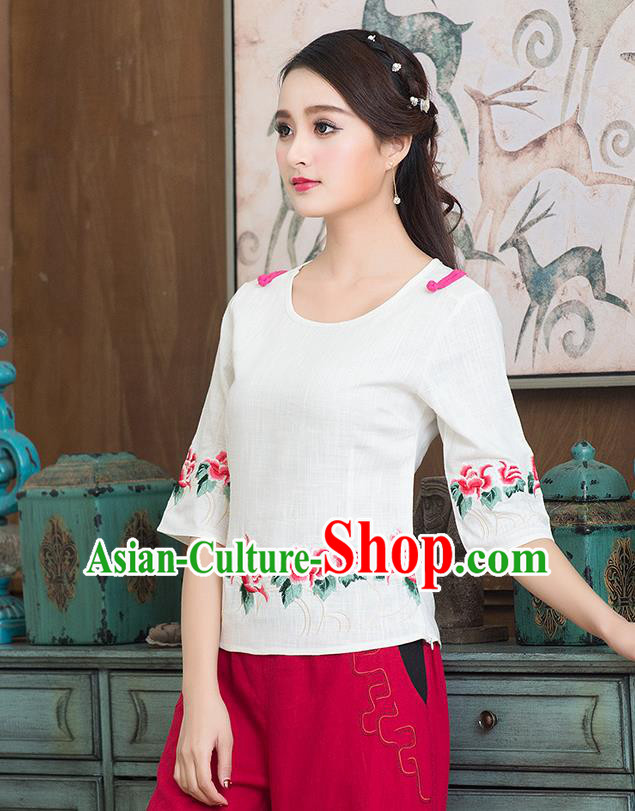 Traditional Chinese National Costume, Elegant Hanfu Embroidery Flowers Round Collar White T-Shirt, China Tang Suit Republic of China Plated Buttons Chirpaur Blouse Cheong-sam Upper Outer Garment Qipao Shirts Clothing for Women