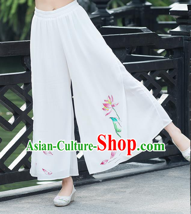 Traditional Chinese National Costume Loose Pants, Elegant Hanfu Hand Painting Lotus Chiffon White Wide leg Pants, China Ethnic Minorities Tang Suit Ultra-wide-leg Trousers for Women