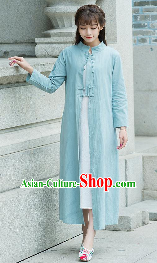 Traditional Ancient Chinese National Costume, Elegant Hanfu Stand Collar Blue Coat Robes, China Tang Suit Plated Buttons Cape, Upper Outer Garment Dust Coat Clothing for Women