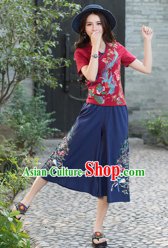 Traditional Chinese National Costume Loose Pants, Elegant Hanfu Embroidered Navy Wide leg Pants, China Ethnic Minorities Tang Suit Ultra-wide-leg Trousers for Women