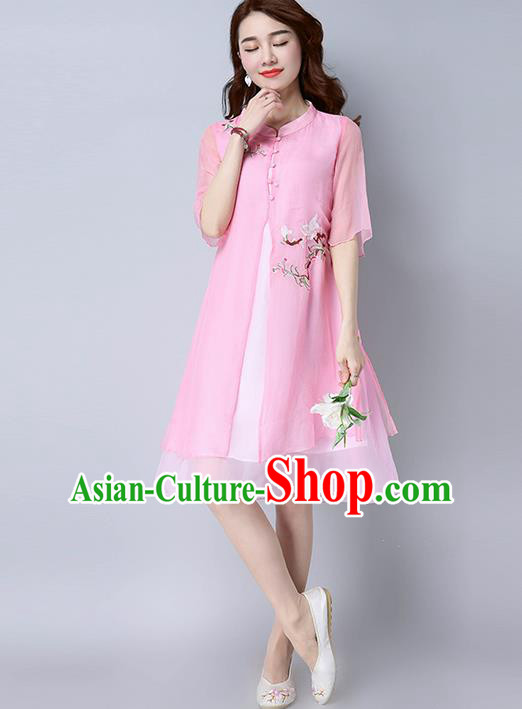 Traditional Ancient Chinese National Costume, Elegant Hanfu Mandarin Qipao Chiffon Embroidered Pink Dress, China Tang Suit Chirpaur Republic of China Cheongsam Upper Outer Garment Elegant Dress Clothing for Women