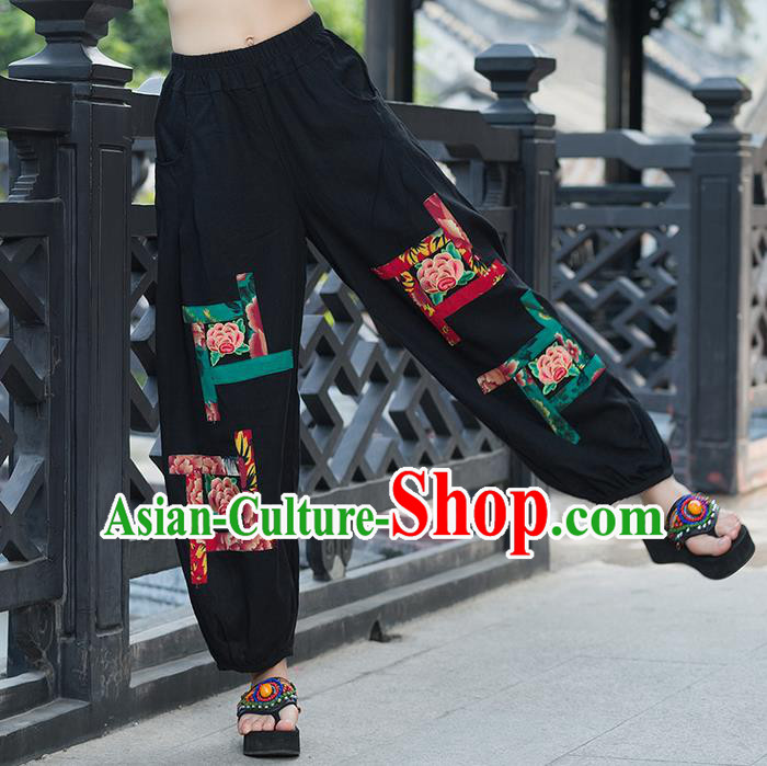 Traditional Chinese National Costume Plus Fours, Elegant Hanfu Embroidered Black Bloomers, China Ethnic Minorities Tang Suit Pantalettes for Women