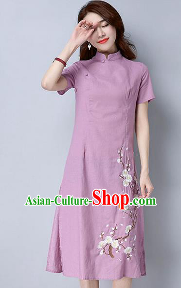 Traditional Ancient Chinese National Costume, Elegant Hanfu Mandarin Qipao Embroidery Peach Blossom Pink Dress, China Tang Suit Chirpaur Republic of China Cheongsam Upper Outer Garment Elegant Dress Clothing for Women