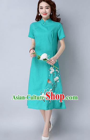 Traditional Ancient Chinese National Costume, Elegant Hanfu Mandarin Qipao Embroidery Peach Blossom Green Dress, China Tang Suit Chirpaur Republic of China Cheongsam Upper Outer Garment Elegant Dress Clothing for Women