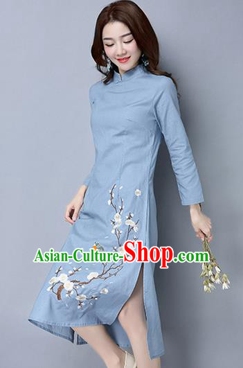 Traditional Ancient Chinese National Costume, Elegant Hanfu Mandarin Qipao Embroidery Peach Blossom Long Sleeve Blue Dress, China Tang Suit Chirpaur Republic of China Cheongsam Upper Outer Garment Elegant Dress Clothing for Women