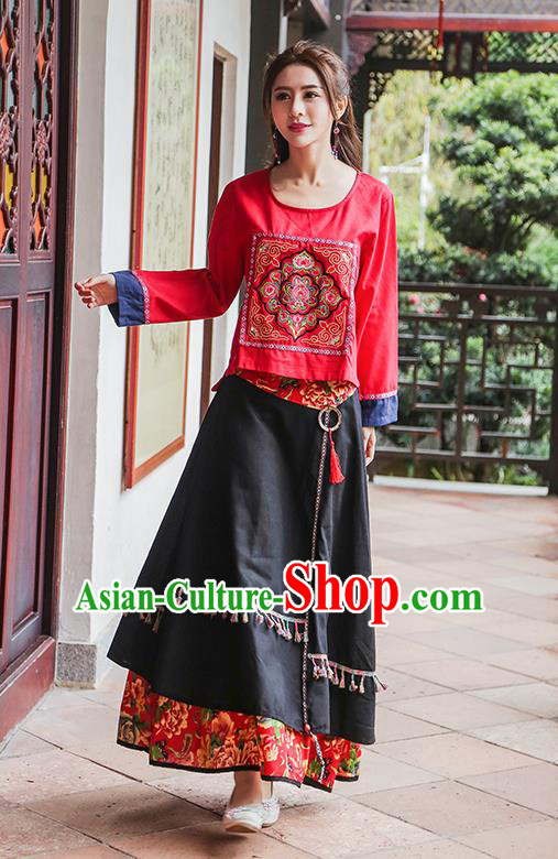 Traditional Chinese National Costume, Elegant Hanfu Embroidery Flowers Round Collar Red T-Shirt, China Tang Suit National Minority Blouse Cheong-sam Upper Outer Garment Qipao Shirts Clothing for Women