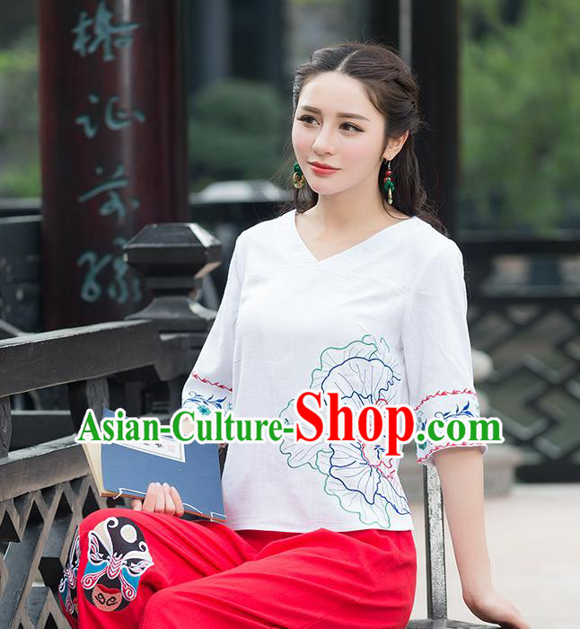 Traditional Chinese National Costume, Elegant Hanfu Embroidery Flowers White T-Shirt, China Tang Suit Republic of China Chirpaur Blouse Cheong-sam Upper Outer Garment Qipao Shirts Clothing for Women