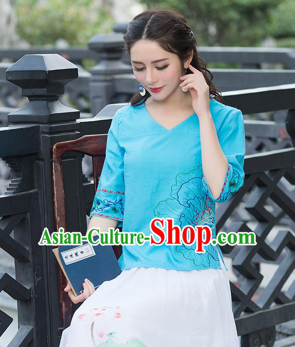 Traditional Chinese National Costume, Elegant Hanfu Embroidery Flowers Blue T-Shirt, China Tang Suit Republic of China Chirpaur Blouse Cheong-sam Upper Outer Garment Qipao Shirts Clothing for Women