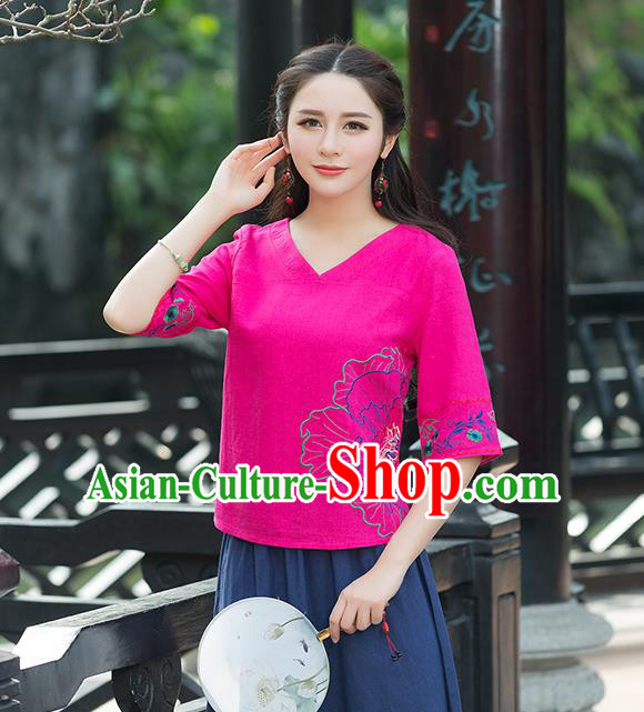 Traditional Chinese National Costume, Elegant Hanfu Embroidery Flowers Rose T-Shirt, China Tang Suit Republic of China Chirpaur Blouse Cheong-sam Upper Outer Garment Qipao Shirts Clothing for Women