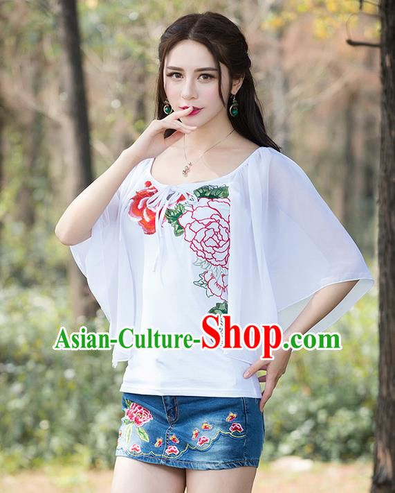 Traditional Chinese National Costume, Elegant Hanfu Embroidery Flowers White Blouse, China Tang Suit Republic of China Chirpaur Blouse Cheong-sam Upper Outer Garment Qipao Shirts Clothing for Women