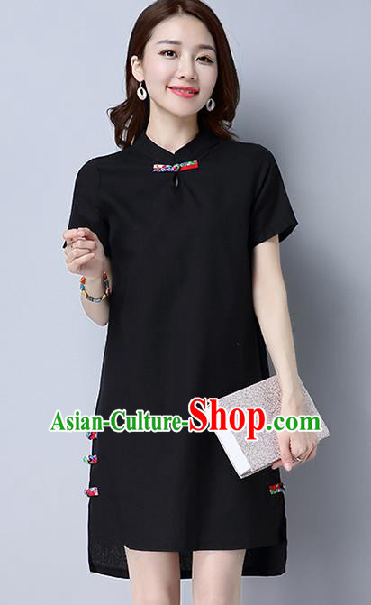 Traditional Ancient Chinese National Costume, Elegant Hanfu Mandarin Qipao Linen Black Dress, China Tang Suit Plated Buttons Chirpaur Republic of China Cheongsam Upper Outer Garment Elegant Dress Clothing for Women