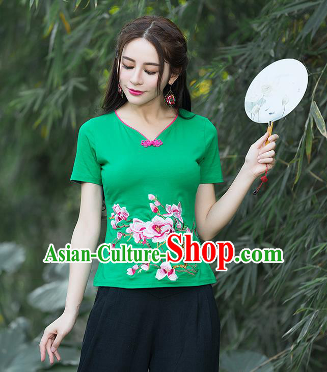 Traditional Chinese National Costume, Elegant Hanfu Embroidery Flowers Green T-Shirt, China Tang Suit Republic of China Plated Buttons Chirpaur Blouse Cheong-sam Upper Outer Garment Qipao Shirts Clothing for Women