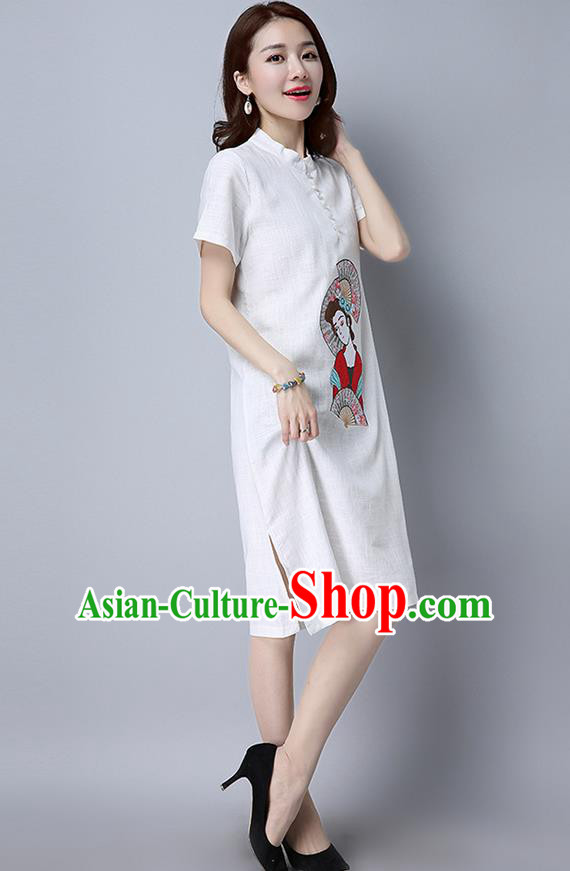 Traditional Ancient Chinese National Costume, Elegant Hanfu Mandarin Qipao Linen Embroidered White Dress, China Tang Suit Chirpaur Republic of China Cheongsam Upper Outer Garment Elegant Dress Clothing for Women