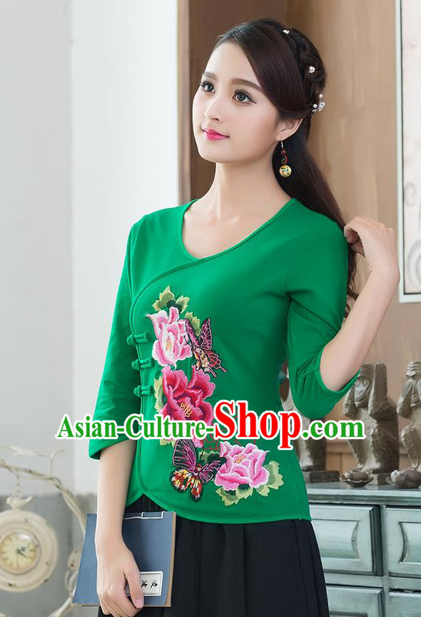 Traditional Chinese National Costume, Elegant Hanfu Embroidery Flowers Slant Opening Green Blouses, China Tang Suit Republic of China Plated Buttons Chirpaur Blouse Cheong-sam Upper Outer Garment Qipao Shirts Clothing for Women