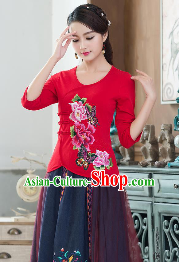 Traditional Chinese National Costume, Elegant Hanfu Embroidery Flowers Slant Opening Red Blouses, China Tang Suit Republic of China Plated Buttons Chirpaur Blouse Cheong-sam Upper Outer Garment Qipao Shirts Clothing for Women