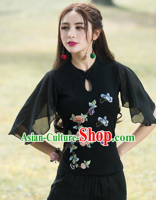 Traditional Chinese National Costume, Elegant Hanfu Embroidery Flowers Mandarin Sleeve Black T-Shirt, China Tang Suit Republic of China Plated Buttons Chirpaur Blouse Cheong-sam Upper Outer Garment Qipao Shirts Clothing for Women