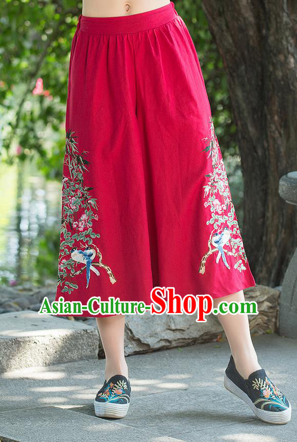 Traditional Chinese National Costume Loose Pants, Elegant Hanfu Embroidered Red Wide leg Pants, China Ethnic Minorities Tang Suit Ultra-wide-leg Trousers for Women