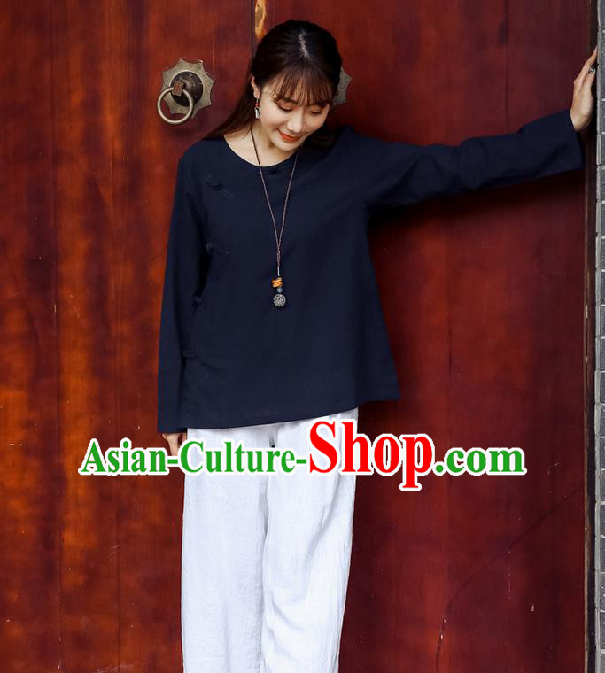 Traditional Chinese National Costume, Elegant Hanfu Linen Slant Opening Navy Shirt, China Tang Suit Republic of China Plated Buttons Chirpaur Blouse Cheong-sam Upper Outer Garment Qipao Shirts Clothing for Women