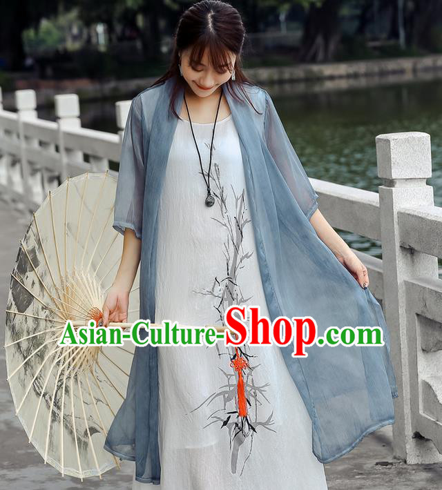 Traditional Ancient Chinese National Costume, Elegant Hanfu Chiffon Blue Cardigan Coat, China Tang Suit Plated Buttons Cape, Upper Outer Garment Dust Coat Cloak Clothing for Women