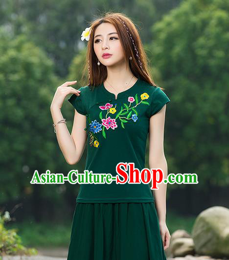 Traditional Chinese National Costume, Elegant Hanfu Embroidery Flowers Green T-Shirt, China Tang Suit Republic of China Plated Buttons Chirpaur Blouse Cheong-sam Upper Outer Garment Qipao Shirts Clothing for Women