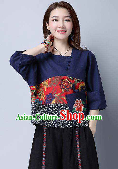 Traditional Chinese National Costume, Elegant Hanfu Patch Embroidery Flowers Navy Blouse, China Tang Suit Republic of China Plated Buttons Chirpaur Blouse Cheong-sam Upper Outer Garment Qipao Shirts Clothing for Women