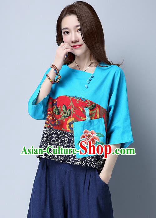 Traditional Chinese National Costume, Elegant Hanfu Patch Embroidery Flowers Blue Blouse, China Tang Suit Republic of China Plated Buttons Chirpaur Blouse Cheong-sam Upper Outer Garment Qipao Shirts Clothing for Women