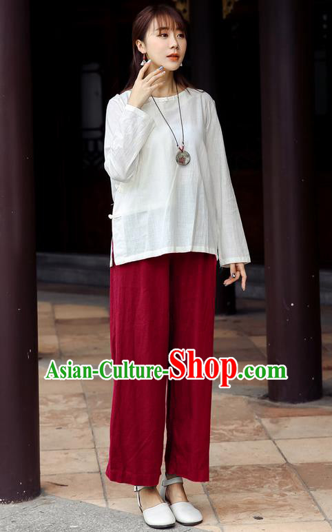 Traditional Chinese National Costume Loose Pants, Elegant Hanfu Linen Red Wide leg Pants, China Ethnic Minorities Tang Suit Folk Dance Ultra-wide-leg Trousers for Women