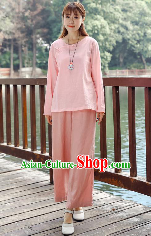 Traditional Chinese National Costume Loose Pants, Elegant Hanfu Linen Pink Wide leg Pants, China Ethnic Minorities Tang Suit Folk Dance Ultra-wide-leg Trousers for Women