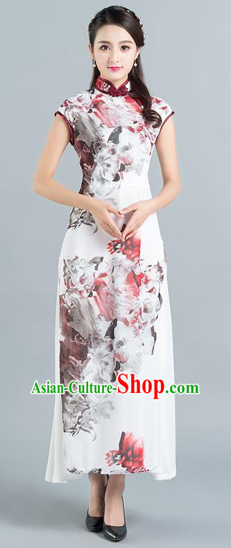 Traditional Ancient Chinese National Costume, Elegant Hanfu Mandarin Qipao Chiffon Hand Painting Dress, China Tang Suit Chirpaur Republic of China Cheongsam Upper Outer Garment Elegant Dress Clothing for Women