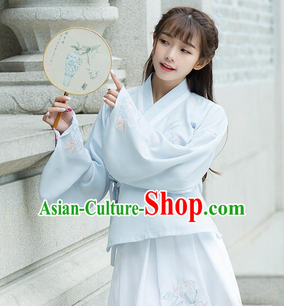 Traditional Ancient Chinese Costume, Elegant Hanfu Clothing Embroidered Slant Opening Blue Blouse, China Ming Dynasty Princess Elegant Blouse Shirts for Women