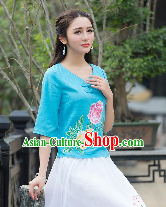 Traditional Chinese National Costume, Elegant Hanfu Embroidery Flowers Blue T-Shirt, China Tang Suit Republic of China Plated Buttons Chirpaur Blouse Cheong-sam Upper Outer Garment Qipao Shirts Clothing for Women