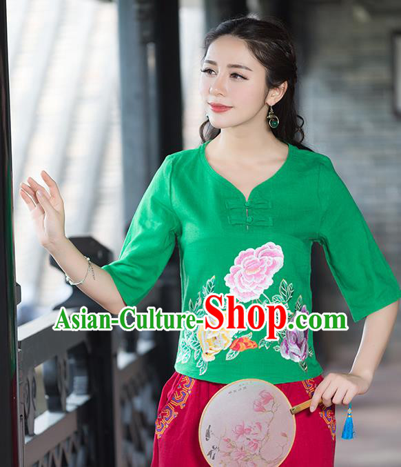 Traditional Chinese National Costume, Elegant Hanfu Embroidery Flowers Green T-Shirt, China Tang Suit Republic of China Plated Buttons Chirpaur Blouse Cheong-sam Upper Outer Garment Qipao Shirts Clothing for Women