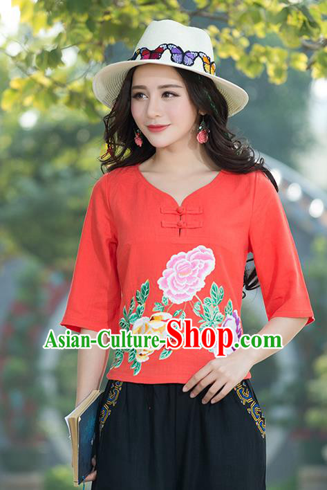 Traditional Chinese National Costume, Elegant Hanfu Embroidery Flowers Orange T-Shirt, China Tang Suit Republic of China Plated Buttons Chirpaur Blouse Cheong-sam Upper Outer Garment Qipao Shirts Clothing for Women