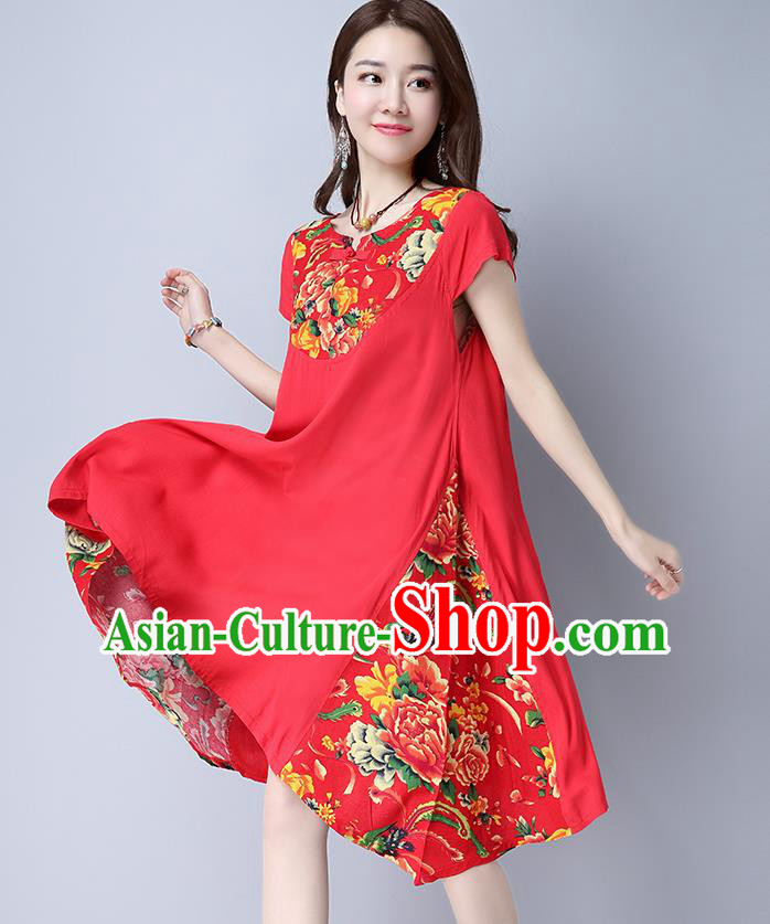 Traditional Ancient Chinese National Costume, Elegant Hanfu Mandarin Qipao Linen Peony Flowers Red Dress, China Tang Suit Chirpaur Republic of China Cheongsam Upper Outer Garment Elegant Dress Clothing for Women
