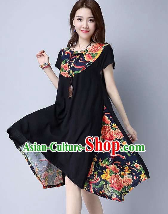 Traditional Ancient Chinese National Costume, Elegant Hanfu Mandarin Qipao Linen Peony Flowers Black Dress, China Tang Suit Chirpaur Republic of China Cheongsam Upper Outer Garment Elegant Dress Clothing for Women