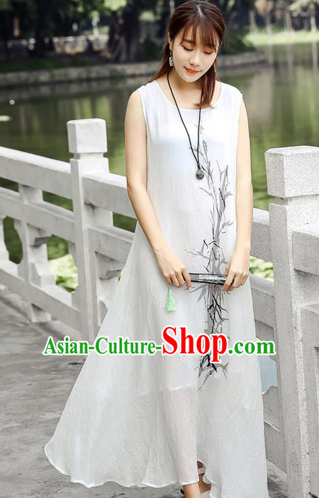 Traditional Ancient Chinese National Costume, Elegant Hanfu Mandarin Qipao Linen Ink Painting Bamboo Dress, China Tang Suit Chirpaur Republic of China Cheongsam Upper Outer Garment Elegant Dress Clothing for Women