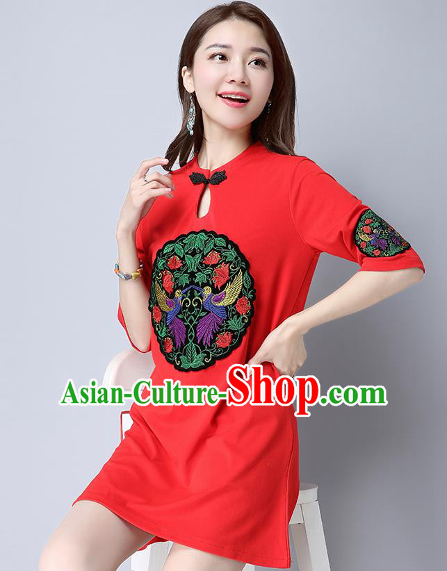 Traditional Ancient Chinese National Costume, Elegant Hanfu Mandarin Qipao Patch Embroidery Red Dress, China Tang Suit Plated Button Chirpaur Republic of China Cheongsam Upper Outer Garment Elegant Dress Clothing for Women