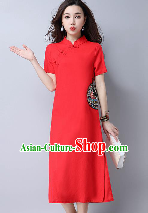 Traditional Ancient Chinese National Costume, Elegant Hanfu Mandarin Qipao Linen Slant Opening Embroidery Red Dress, China Tang Suit Chirpaur Republic of China Cheongsam Upper Outer Garment Elegant Dress Clothing for Women