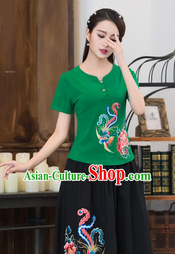 Traditional Chinese National Costume, Elegant Hanfu Embroidery Phoenix Flowers Green T-Shirt, China Tang Suit Republic of China Chirpaur Blouse Cheong-sam Upper Outer Garment Qipao Shirts Clothing for Women