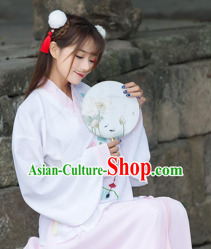 Traditional Ancient Chinese Costume, Elegant Hanfu Clothing Embroidered Slant Opening Pink Blouse, China Tang Dynasty Princess Elegant Blouse for Women