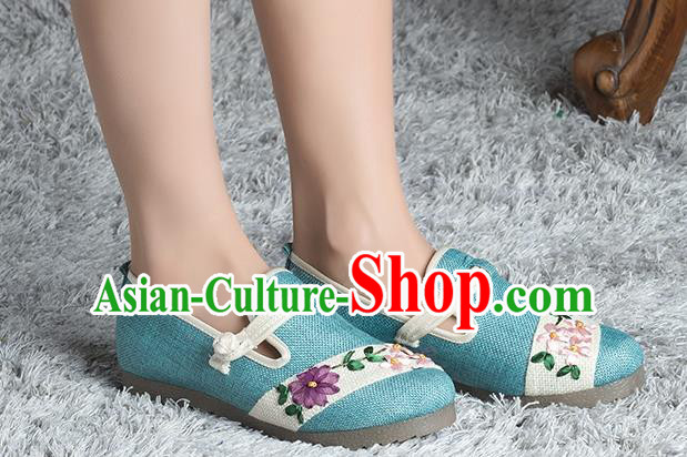 Traditional Chinese Shoes, China Handmade Linen Embroidered Blue Shoes, Ancient Princess Cloth Shoes for Women