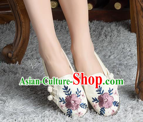 Traditional Chinese Shoes, China Handmade Linen Embroidered Plated Button White Shoes, China Ancient Cloth Shoes for Women