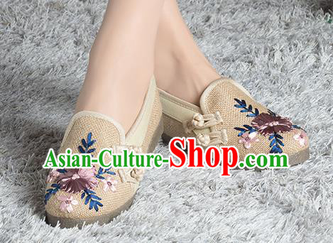 Traditional Chinese Shoes, China Handmade Linen Embroidered Plated Button Brown Shoes, China Ancient Cloth Shoes for Women