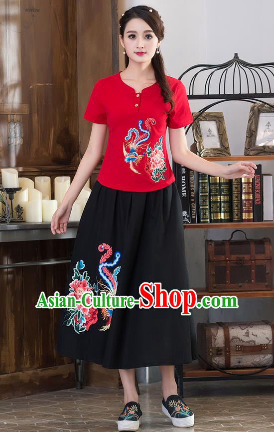 Traditional Chinese National Costume, Elegant Hanfu Embroidery Phoenix Flowers Red T-Shirt, China Tang Suit Republic of China Chirpaur Blouse Cheong-sam Upper Outer Garment Qipao Shirts Clothing for Women