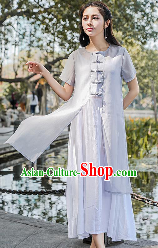 Traditional Ancient Chinese National Costume, Elegant Hanfu Grey Cardigan Coat and Singlet Complete Set, China Tang Suit Plated Buttons Cape and Dress, Upper Outer Garment Dust Coat Cloak for Women