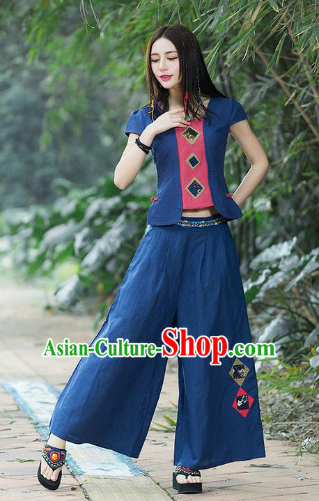 Traditional Chinese National Costume, Elegant Hanfu Embroidery Navy T-Shirt and Loose Pants Complete Set, China Tang Suit Plated Buttons Blouse and Dockers for Women