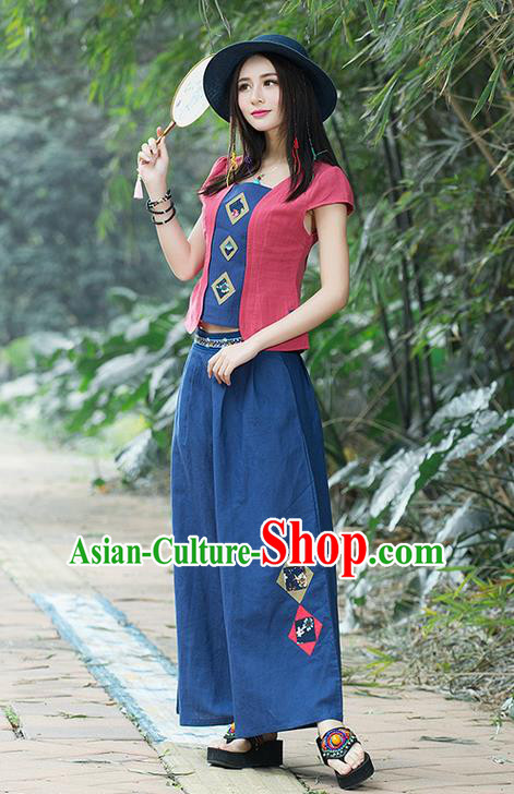 Traditional Chinese National Costume, Elegant Hanfu Embroidery Red T-Shirt and Loose Pants Complete Set, China Tang Suit Plated Buttons Blouse and Dockers for Women