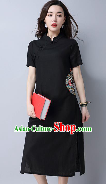 Traditional Ancient Chinese National Costume, Elegant Hanfu Mandarin Qipao Linen Slant Opening Embroidery Black Dress, China Tang Suit Chirpaur Republic of China Cheongsam Upper Outer Garment Elegant Dress Clothing for Women